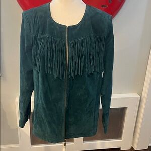 Emerald Suede Fringe Zip-Front Fully Lined Cowgirl Festival Jacket, size IX